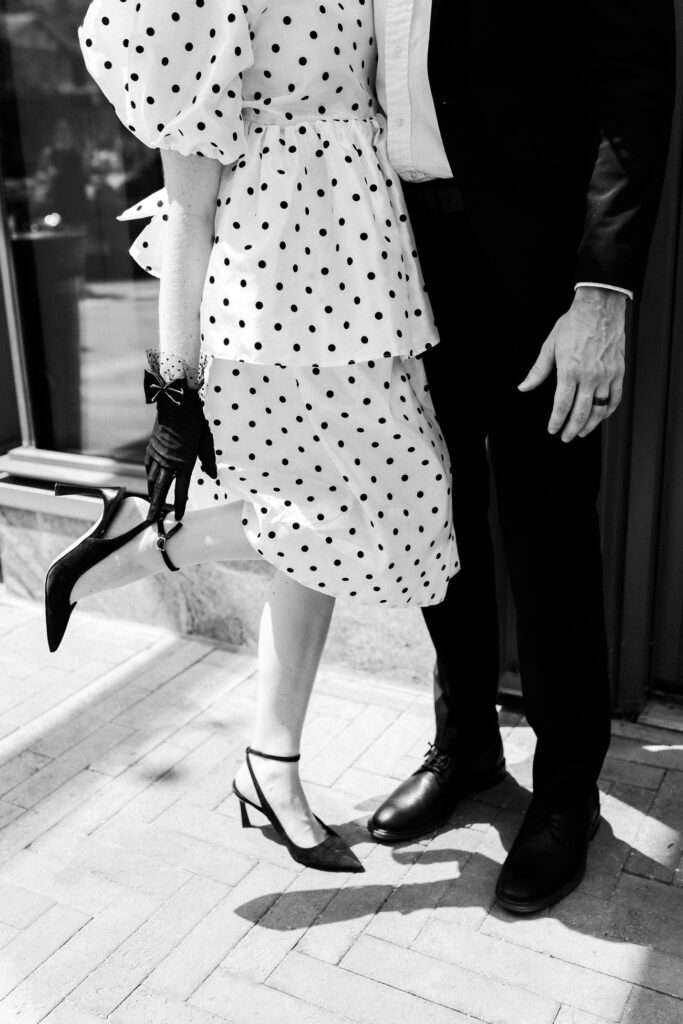 black and white polka dot engagement dress for photos