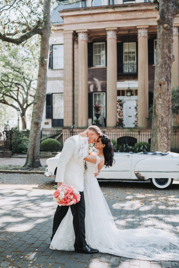 Bride and groom touch foreheads at Harper Fowlkes House wedding