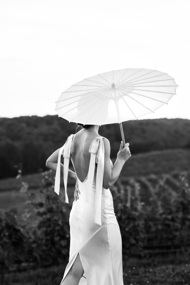 bride looks at the Montaluce winery vineyard while holding an umbrella.