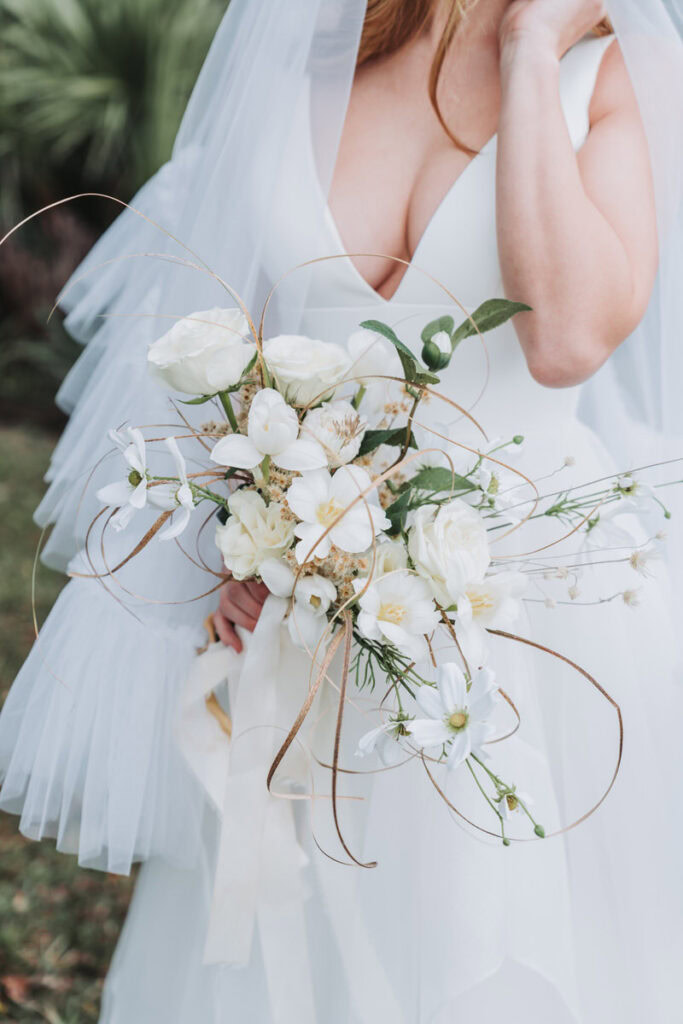 up close of whimsical white floral bouquet