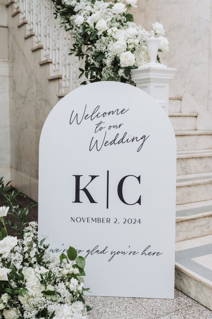 Wedding details with marble courthouse backdrop