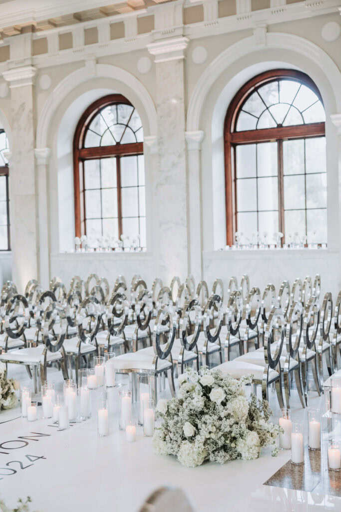 Wedding ceremony details with arched windows at Historic Dekalb Courthouse wedding