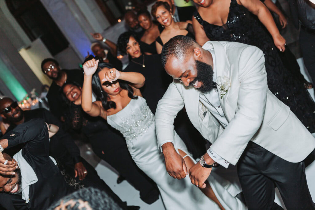 Bride and groom dance during wedding reception at the Historic dekalb courthouse