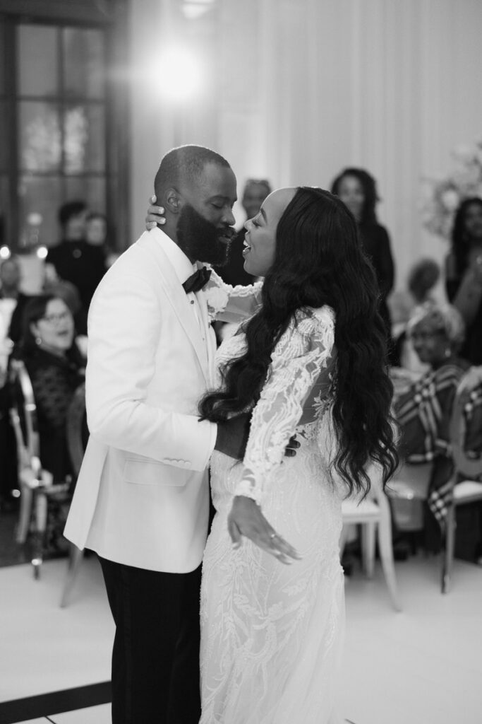 Bride and groom first dance during wedding reception at the historic dekalb courthouse