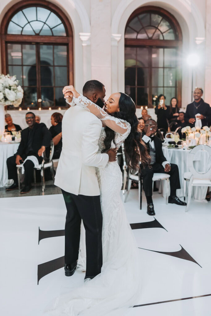 Bride and groom first dance during wedding reception at the historic dekalb courthouse